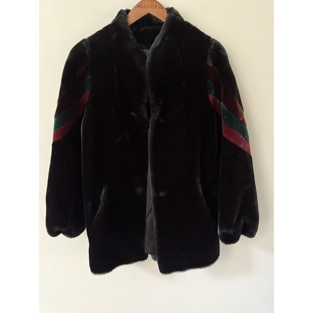 Vintage Casual Corner Faux Fur Size 11-12 Coat 80s Striped Sleeve Black Outdoor